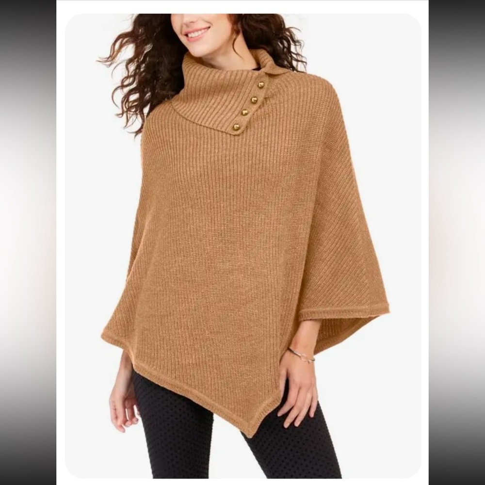 Michael Kors Shaker Poncho Cape Turtleneck Sweater - one size - gold brown tan